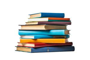 A stack of books with a blue book on top. The books are of different colors and sizes png