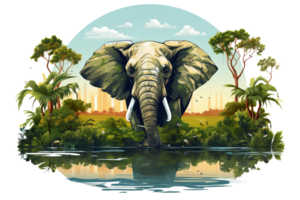 A large elephant is standing in front of a body of water. The elephant is surrounded by trees and a city in the background. Concept of peace and tranquility png