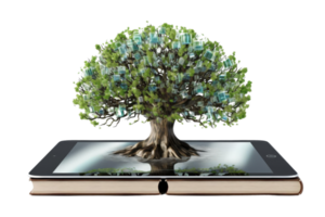 A tree is growing out of a book, with many small gifts surrounding it. The tree is surrounded by a lot of money, which suggests that the tree is a symbol of wealth and prosperity png