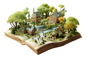 A book is opened to a page with a town scene png