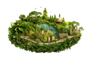 A cityscape is shown with a green forest in the background. The city is surrounded by a lake and has a river running through it. The buildings are made of trees and the people are walking around png