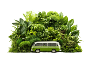 A green van is parked in front of a lush green jungle. The van is surrounded by various plants and trees, creating a sense of adventure and exploration. The image conveys a feeling of being in a wild png
