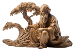 A statue of an old man sitting on a log with a tree behind him. The statue has a peaceful and serene mood, as if the man is meditating or contemplating life png