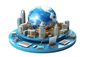 A blue globe with a city on it sits on a table with a laptop, a mouse, and a keyboard png