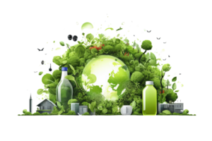 A green planet with a bottle and a cup on it. The cup is on the right side of the planet and the bottle is on the left side png
