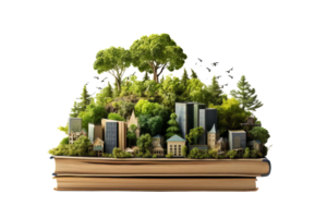 A book is on top of a table with a city and trees on it. The city is made of buildings and the trees are green png