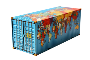 A blue container with a map of the world on it. The map is colorful and detailed png