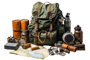 A backpack is filled with various items, including a map, a compass, and a bottle of water. Concept of adventure and exploration, as the backpacker is prepared for a journey png