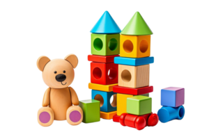 A teddy bear sits next to a stack of wooden blocks. Concept of playfulness and curiosity png