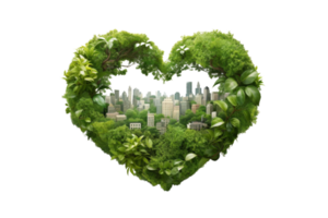 A heart made of trees and plants with a city in the background. The heart is surrounded by green leaves and branches, and the city is made up of tall buildings png