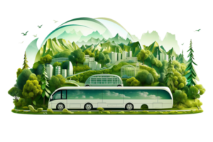 A bus is driving through a lush green forest with mountains in the background. The bus is surrounded by trees and the scenery is very peaceful and serene png