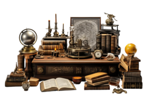 A table is covered with various items, including a book, a globe, and a clock. The table is cluttered with books, and there are several candles scattered around. The scene gives off a cozy png