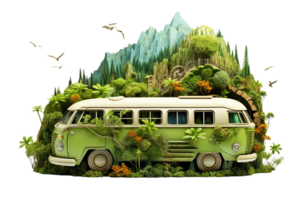 A green bus is covered in plants and trees, and is surrounded by mountains. The bus is the main focus of the image, and the plants and trees give it a natural, wild feel png