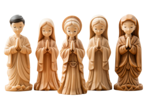 A group of wooden statues of women praying. The statues are arranged in a row, with the first one on the left and the last one on the right. The statues are all similar in size and shape png