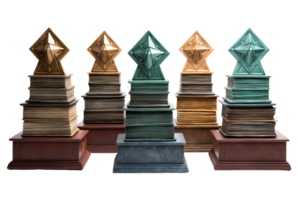 A row of five books with a gold star on top. The books are stacked on top of each other, with the top book being the tallest png