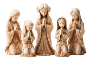 A group of wooden statues of women praying. The statues are arranged in a row, with one on the left, two in the middle, and two on the right. The statues are all the same size and shape png