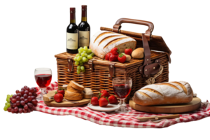 A basket of food and wine is laid out on a table. The basket contains bread, grapes, strawberries, and wine png