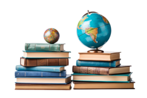 A stack of books with a globe on top. The globe is blue and has a white outline of the world png