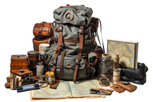 A backpack is filled with various items, including a map, a camera, and a bottle. Concept of adventure and exploration, as the backpacker is likely preparing for a journey or a trip png