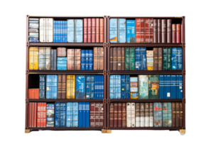 A bookcase filled with books of various sizes and colors. The books are arranged in a way that creates a sense of depth and dimension. Scene is one of curiosity and exploration png