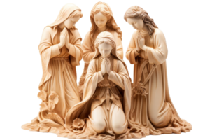 A group of statues of women praying. The statues are of different sizes and are arranged in a row. The statues are made of wood and are placed on a white background png