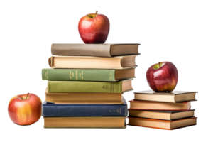 A stack of books with an apple on top. The apple is red and shiny. The books are of different sizes and colors. Concept of knowledge and learning, as the books represent education png