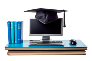 A computer monitor sits on a desk with a black cap on top of it. The desk is covered with books and a mouse. Concept of education and learning, as the computer png