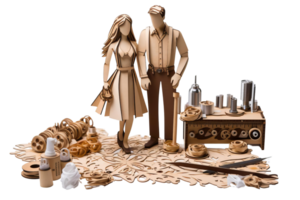 A man and woman are standing in front of a table with a variety of items on it. The man is holding a pair of scissors and the woman is holding a bottle png