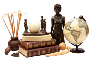 A collection of items including a globe, books, and a statue of a woman. Concept of curiosity and exploration, as the globe represents the vastness of the world and the books suggest a desire to learn png