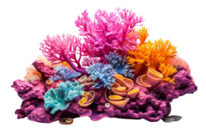 A colorful coral reef with pink, orange, and blue coral. The coral is surrounded by rocks and there are many different types of sea creatures. The reef is vibrant and lively, with a sense of movement png