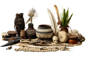 A collection of items including a vase, a skull, and a feather. The items are arranged on a table, creating a sense of mystery and intrigue png