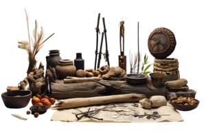 A table is covered with various items, including bowls, vases, and a clock. The scene appears to be a collection of different objects, possibly from different cultures or time periods png
