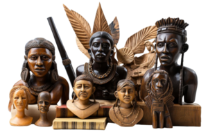 A collection of wooden sculptures of African men and women. The sculptures are arranged in a row, with some of them placed on top of a book. Scene is one of cultural appreciation png