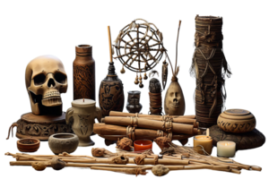 A collection of various items, including a skull, candles, and vases, arranged on a table. Scene is eerie and mysterious, with the skull png