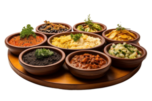 A wooden tray with a variety of food in different bowls. The bowls are arranged in a circle and the food is colorful and diverse. Scene is inviting and appetizing png