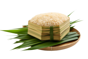 A bowl of rice is sitting on a wooden plate with green leaves on top. The rice is white and he is freshly cooked. The bowl and plate are arranged in a way that creates a sense of balance and harmony png