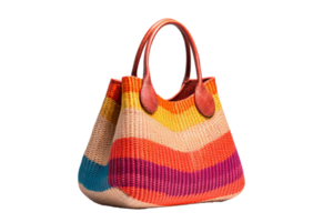A colorful purse with a red strap. The purse is made of straw and has a rainbow pattern png