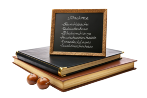 A blackboard with the word Machonee written on it. The blackboard is on top of a stack of books png