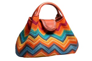A colorful purse with a zigzag pattern. The purse is made of a variety of colors and has a brown handle png