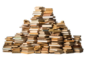 A pile of books is stacked on top of each other. The books are of various sizes and colors, and they appear to be old and worn. The pile is so high that it almost reaches the top of the image png