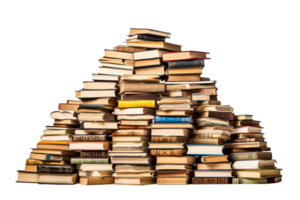 A pile of books is stacked on top of each other. The books are of various sizes and colors, and they appear to be old and worn. The pile is so high that it almost reaches the top of the image png
