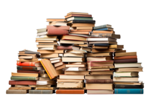 A pile of books is stacked on top of each other. The books are of various sizes and colors, and they appear to be old and worn. The pile is so high that it almost reaches the ceiling png