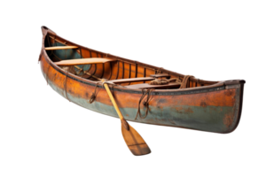 A wooden canoe with a paddle on it. The canoe is old and has a blue and green color png
