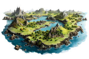 A beautiful landscape with mountains, hills, and a river. The mountains are covered in trees and the river is surrounded by rocks. The scene is peaceful and serene, with a sense of calmness png