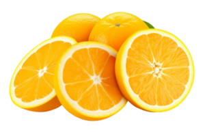A pile of oranges with one cut open. The oranges are sliced and arranged in a way that they look like they are ready to be eaten png