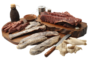 A variety of meats and spices are displayed on a wooden cutting board. The meats include beef, pork, and chicken, while the spices include pepper and salt. Concept of abundance and variety png