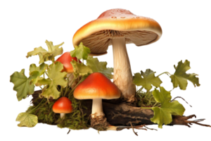 Three mushrooms are on a log with green leaves. The mushrooms are red and yellow png