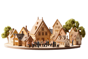 A group of people are gathered in front of a row of houses. The people are dressed in formal attire and appear to be playing instruments. The scene gives off a sense of community and togetherness png
