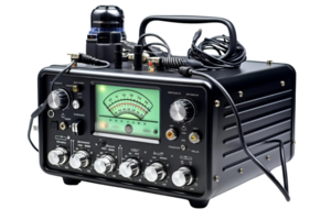 A black electronic device with a green screen and a black handle. The device is plugged into a power source png