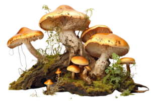 A group of mushrooms are growing on a log. The mushrooms are of different sizes and colors, with some being larger and others smaller. The scene has a natural and earthy feel png